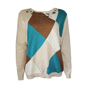Alfred Dunner Sweater Womens Plus Size 1X Argyle Beaded Pullover‎ Brown Blue